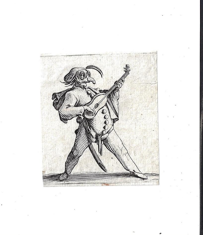 17th C Callot Gobbi Commedia Della Arte: An engraving after Jacques Callot (1592-1635) from his series of a "Gobbi" from his series Commedia Della Arte originally printed 1625. On laid paper later 17th century. Measures 2.375 x 2.75". Fine R