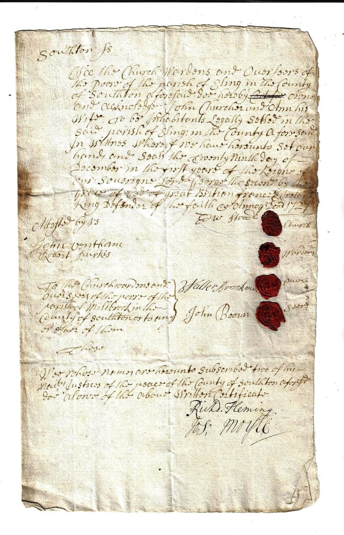 1727 English Settlement Manuscript Nice Seals: An English Settlement document whereby the Church Wardens of the Poor in Eling in Southampton approve a couple to resttle there. Dated 1727, on paper with four nicely impressioned red wax seals. Signt