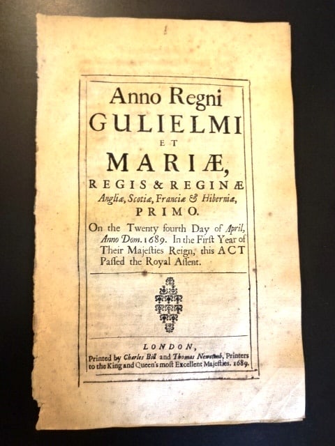 1689 English Act William and Mary: An English Act of Parliament from the reign of William and Mary dated 1689 for encouraging the Exportation of Corn.Four pages in balck letter and title leaf with coat of arms. The Act in black letter
