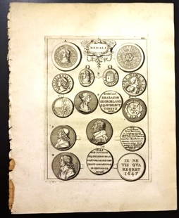 1753 Two Engravings English Medals Commonwealth: Two engravings depicting English medals of the early 1640's through 1653 including the Commonwealth period. From Medals, Coins, Great Seal Impressions..", by Thomas Simon, printed at London by George
