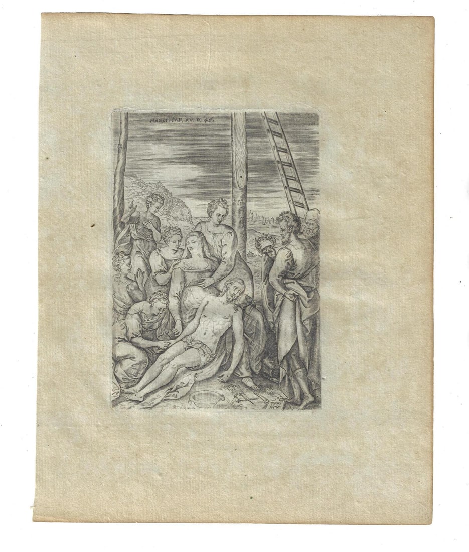 1660 Engraving of the Jeus Taken from the Cross: A fine engraving of Jesus taken from the cross from the book of Mark. Dated in the engraving 1571 with initials HW (Hieronymus Wierix 1553-1619). Later printing attributed to Johannes Wierix and Abrah
