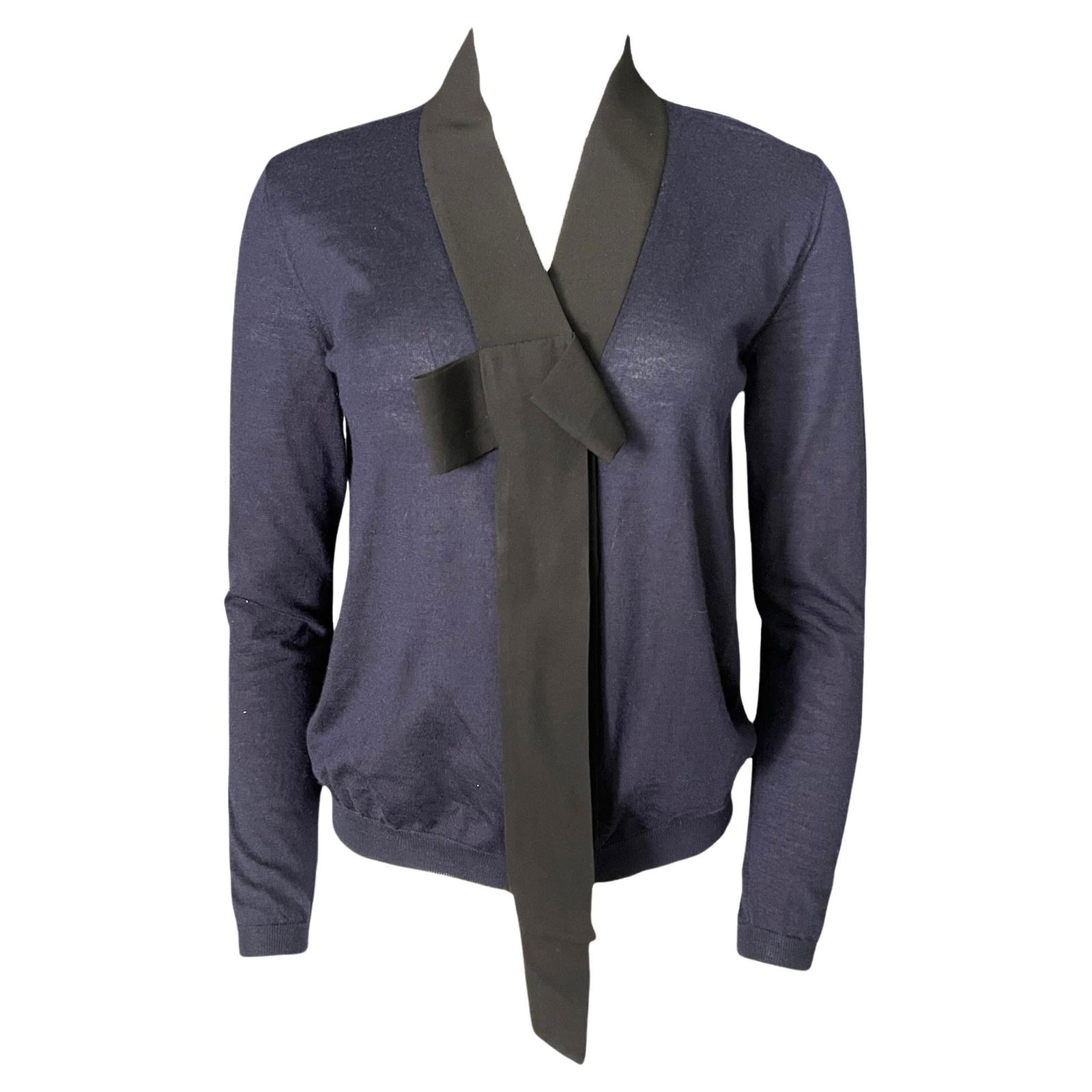 Marni Navy & Black Cardigan Sweater Top, Size 40: About the Item - V neckline - Long sleeves - Fabric feels like cotton - Featuring front bow design detail - Front button closure - Made in Italy Designer: Marni Dimensions: Length: 23 in (58.42 cm)Mar