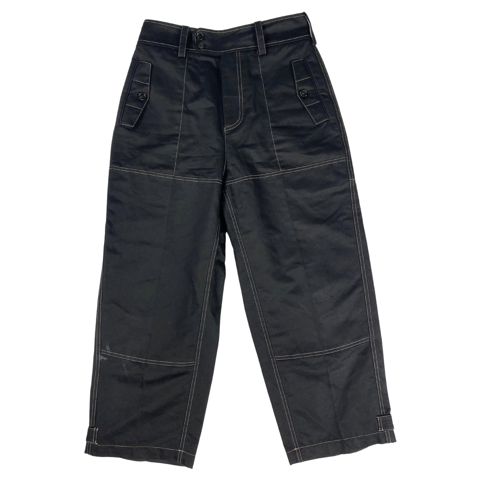 Marni Black Wide Leg Pants, Size 42: About the Item Product details: The pants feature wide leg style, high waited with white stitching detail and buttoned pockets detail. Designer: Marni Dimensions: Length: 37 in (93.98 cm)Waist: 29.5 i