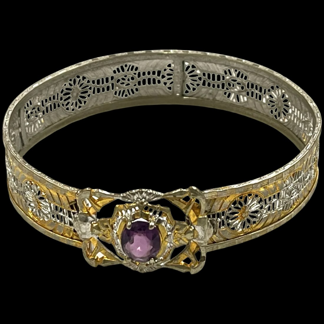 Estate Art Deco J.J. White Filigree Sterling Silver/ Gold Wash Amethyst Bangle Bracelet (1 of 10)
