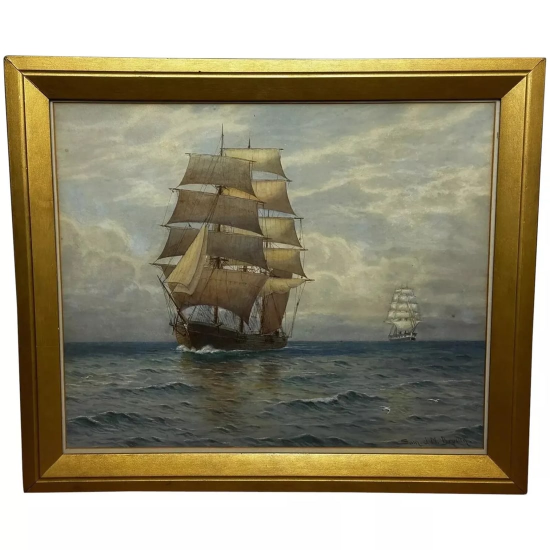 Victorian Marine Watercolour Barque Sailing Ship By Samuel John Milton Brown: Marine Watercolour Barque Sailing Ship C1900 By Samuel John Milton Brown 1 Fine Antique British Work of Art Marine Watercolour Painting Barque Sailing Ship C1900 By Samuel John Milton Brown. Subject s
