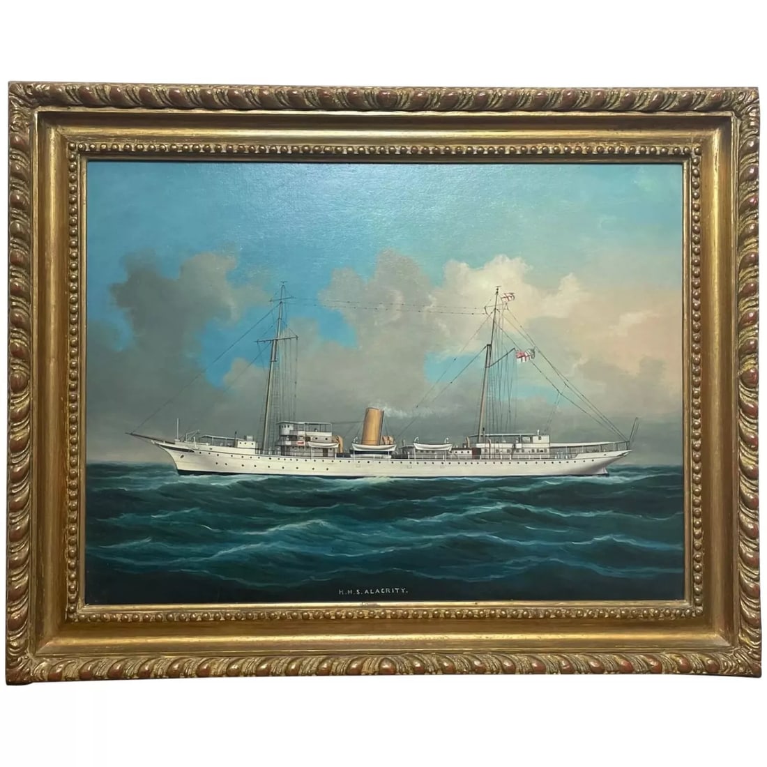 Anglo Chinese School Marine Oil Painting HMS Alacrity Schooner Steam Sail Ship: Anglo Chinese School Marine Oil Painting HMS Alacrity Schooner Steam Sail Ship 1 Fine Anglo Chinese School Work of Art 20th Century Marine Oil Painting HMS Alacrity Schooner Ship. Subject seascape mar