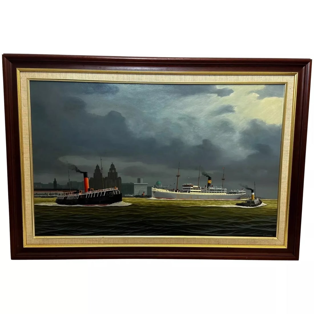 Oil Painting Alca Passenger Cargo Ship Yeoman Line & Steam Ferry Boat Claughton: Oil Painting Alca Passenger Cargo Ship Yeoman Line & Steam Ferry Boat Claughton 1 Fine British Work of Art Marine Oil Painting Merchant Navy Alca Passenger Cargo Liner Ship Arriving Into Liverpool. Ad