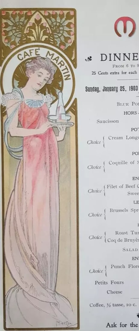 Original Lithography Alphonse MUCHA (1860-1939) Cafe Martin Menu: Title: Original Lithography Alphonse MUCHA (1860-1939) Cafe Martin Menu Description: lithography on paper 23 x 13.5 cm folds Reserve: $800.00 Shipping: Domestic: Flat-rate of $17.
