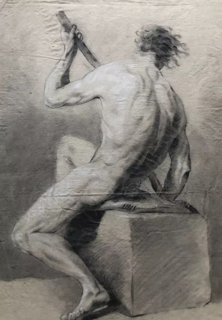 Antique Drawing Pencil Chalk Figure Man Portrait Sitting Down with Guitar: Title: Antique Drawing Pencil Chalk Figure Man Portrait Sitting Down with Guitar Description: Pencil paper 58 x 42 cm folds, tears Reserve: $200.00 Shipping: Domestic: Flat-rate of