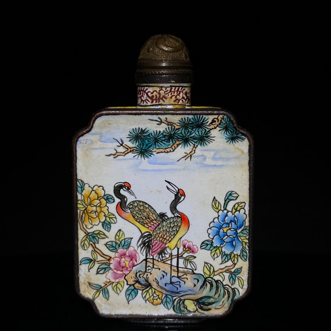 Old Chinese Bronze Cloisonne Crane & Flower Bird Design Snuff Bottle (1 of 9)