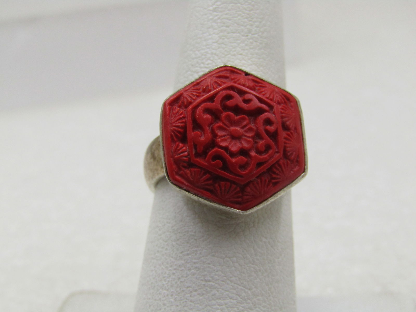 Vintage Sterling Carved Cinnabar Ring, Sz. 7, Asian, Hexagon (1 of 8)