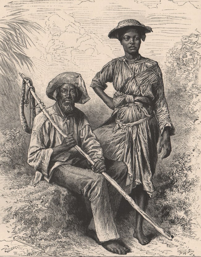 Snake-catcher & charcoal Girl, Martinique. West Indies. Lesser Antilles 1885: CAPTION PRINTED BELOW PICTURE: 'Snake-Catcher and Charcoal Girl, Martinique'DATE PRINTED: 1885IMAGE SIZE: Approx 16.0 x 12.5cm, 6.25 x 5 inches (Small)TYPE: Antique wood-engraved printCONDITION: Good;