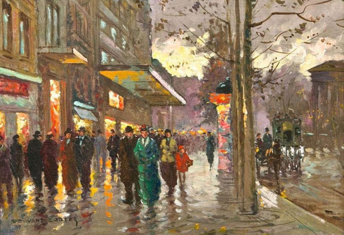 Edward Cortes a Paris Street Scene: Edouard Cortes (French 1882-1969) oil on canvas in a fine gilt frame. From a fine Madison CT estate. Turn of the century. Guaranteed as authentic. 13 by 18 1/2" Unframed. Cortès was born in Lagn