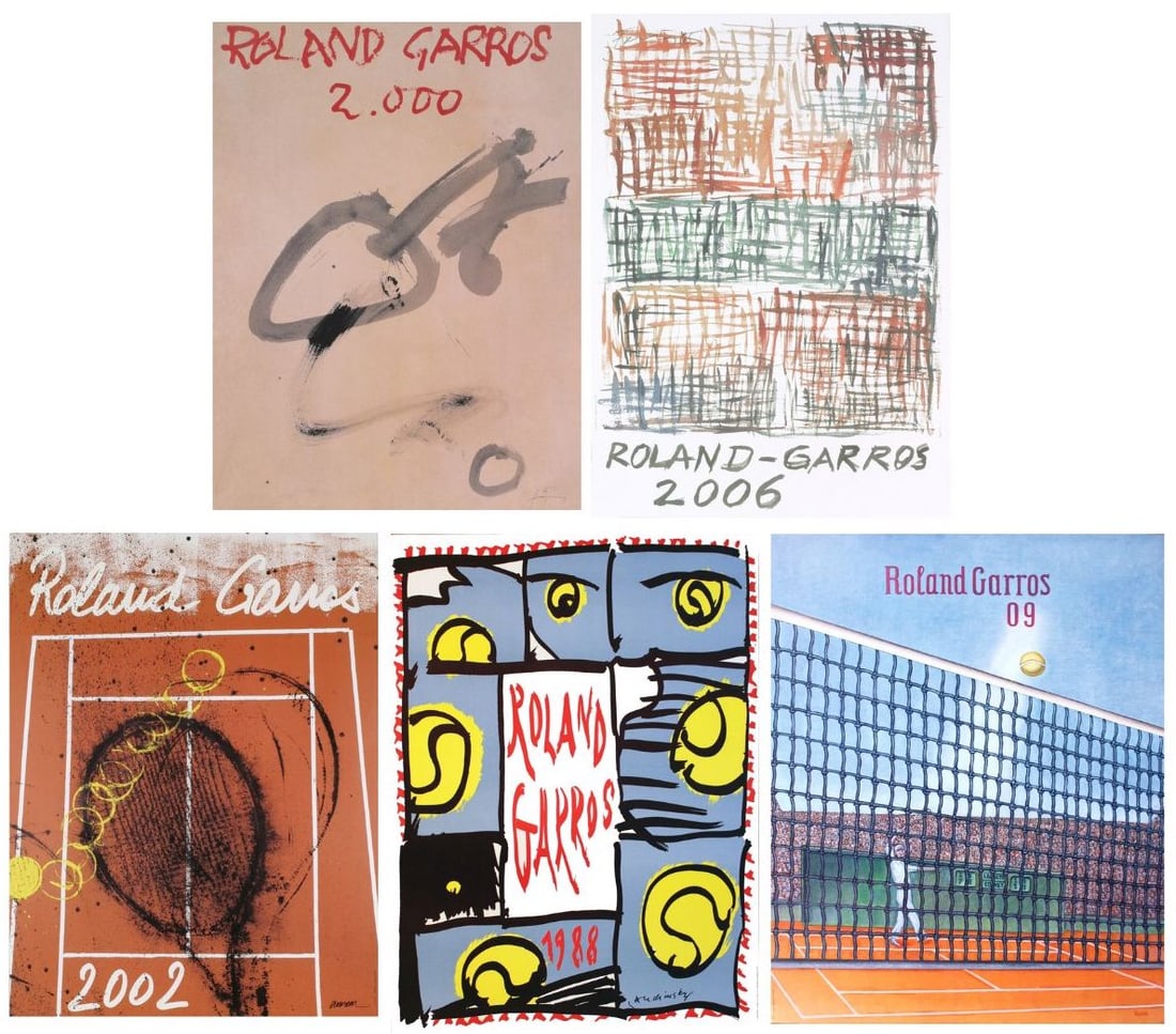 Bundle- 5 Assorted Various Artists French Open Tennis Posters: This is a bundled assortment of 5 Posters by Various Artists. Each piece is described as follows: Pierre Fernandez Arman - Roland Garros French Open - 2002 Offset Lithograph 29.5" x 22.5" Unsigned Off