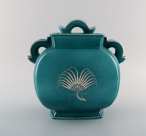 Wilhelm Kåge, Gustavsberg, Argenta Art deco ceramic vase decorated with silver inlaid.