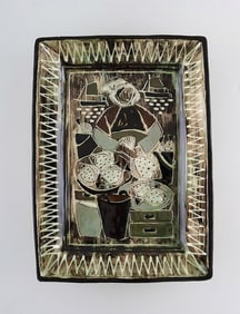 Astrid Tjalk for Kähler, Denmark. Unique bowl in glazed ceramic with motif of fish monger.