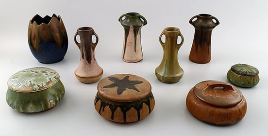 Collection of French art pottery vases, lidded boxes, Denbac.