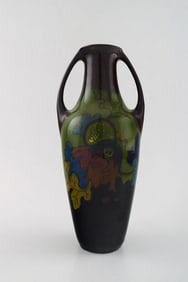 Elrakka, Arnhem, Holland, art nouveau ceramic vase with handles. Hand painted with flowers.
