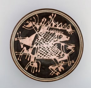 Ivy Lysdal, b. 1937. Danish ceramist and painter. Unique bowl in glazed ceramics with fish motif.