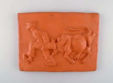Kloster Ceramic, Ystad. Wall plaque in terracotta. The cow is driven home. Swedish design, 1960's.