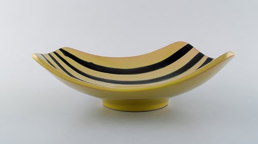 Gabriel Keramik, Sweden. "Tropik" dish in glazed ceramics. Striped design in yellow black glaze.