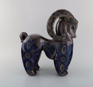 European studio ceramist. Large unique figure in glazed ceramics. Ram. Ca. 1980.