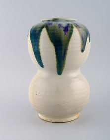 European studio ceramist. Large unique vase in glazed ceramics. Beautiful green blue glaze on a