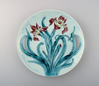 Gustavsberg Art Nouveau earthenware dish decorated with flower.