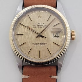 Mens Rolex Oyster 16013 Datejust 36mm 18k SS Linen Dial Automatic 1970s RA526B