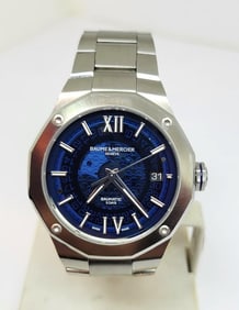 S/Steel Mens BAUME & MERCIER RIVIERA Automatic Watch Blue Dial 65899* EXLNT