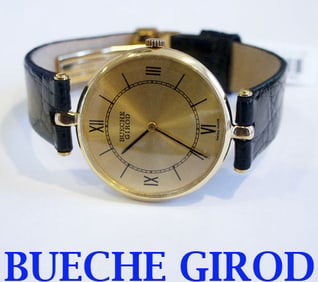 Solid 18k BUECHE GIROD Unisex Watch w/Crocodile* in EXLNT Condition