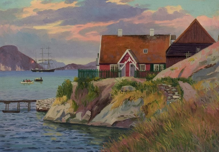 Emanuel Aage Petersen (1894-1948), Oil painting on canvas. Greenlandic village. In the background: Emanuel Aage Petersen (1894-1948), Oil painting on canvas. Greenlandic village. In the background the Danish royal ship. 1923. In perfect condition. Dimensions: 42.0 x 29.5 cm. Total dimensions with f