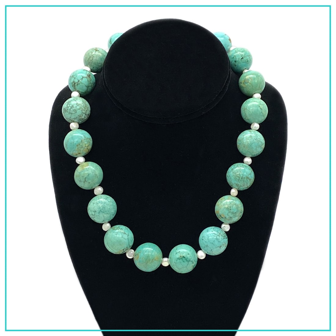 Turquoise and Pearl Necklace: This is a Turquoise and Pearl necklace. It comes with 18 mm smooth natural turquoise beads and with 5 mm potato shaped freshwater pearls as spacers. You might want to pack this modern necklace with yo