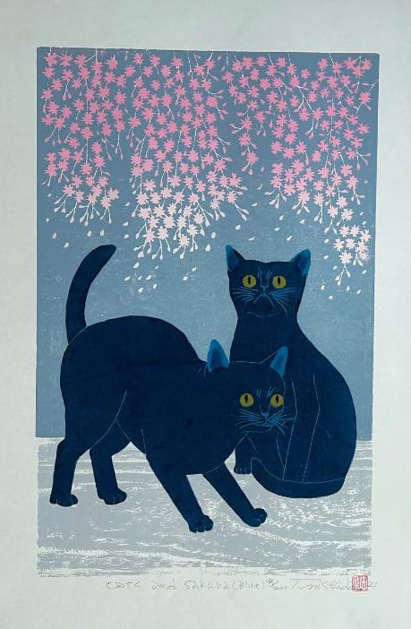 Tadashige Nishida (B, - 1942): Cat and Sakura (Blue): Artist/Title: Tadashige Nishida (B, - 1942): Cat and Sakura (Blue) Date: 2021 Medium: Woodblock Print Edition: Limited Edition #43/200 Size/Format: The print image measures 9 1/2 X 14 7/8 inches plus 