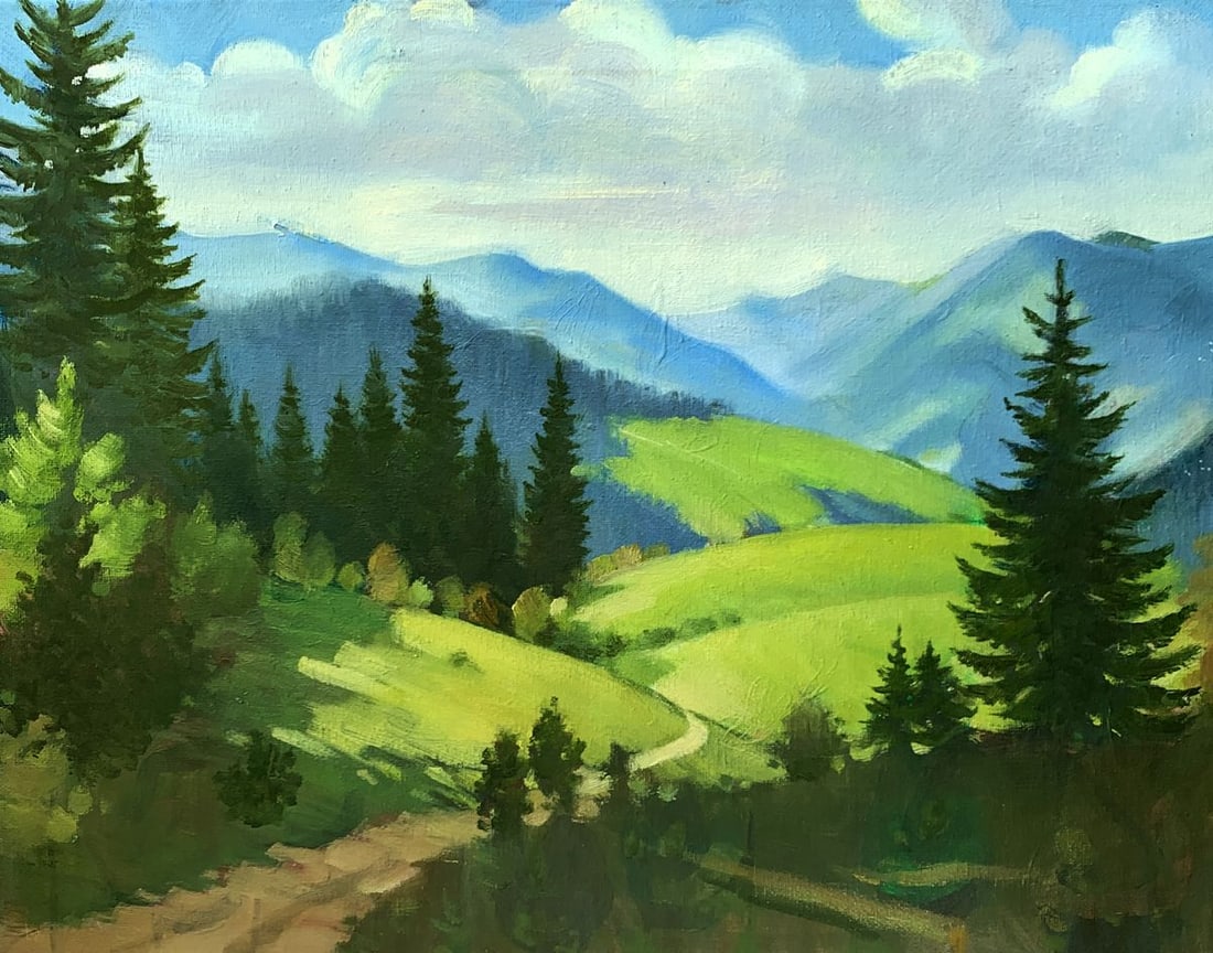 Oil painting Mountain path Mykhailo Burdylo: №AAA3436 The painting titled "Mountain Path" is a vivid portrayal of nature’s serene beauty and the quiet allure of the mountains. The artist captures a winding path cutting through vibran