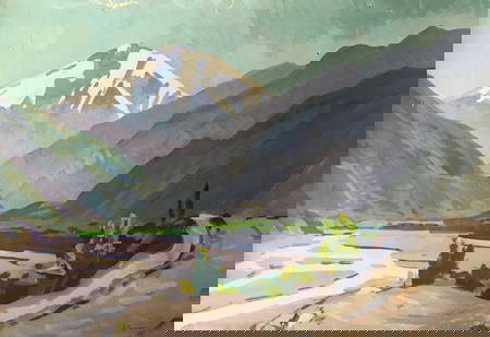 Gouache painting Mountain landscape Chernikov Vladimir Mikhailovich: №915 *** ABOUT THIS PAINTING *** * TITLE: "Mountain landscape" * ARTISTS: Chernikov Vladimir Mikhailovich * SIZE: 43x61 cm/'16.92x24.01 inches' * MEDIUM: gouache, paper * HAND PAINTED: Original