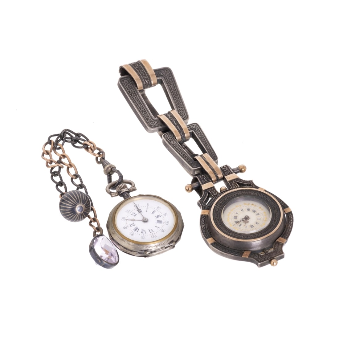TWO WATCHES IN SILVER AND GOLD: Title: TWO WATCHES IN SILVER AND GOLD Description: French, 19th/20th century, silver cases with gold application with silver and gold chatelaines, one with niello and pendants, dial and pear-cut ameth