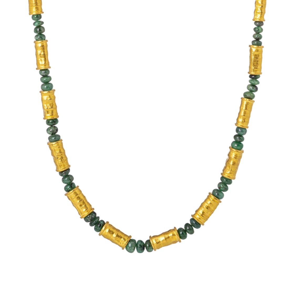GOLD AND EMERALD NECKLACE - GURHAN (SIGNED): Title: GOLD AND EMERALD NECKLACE - GURHAN (SIGNED) Description: American, 2nd half of the 20th century, with cylindrical beads and a 19.2-karat gold clasp, set with emerald beads, Etruscan-inspired, s