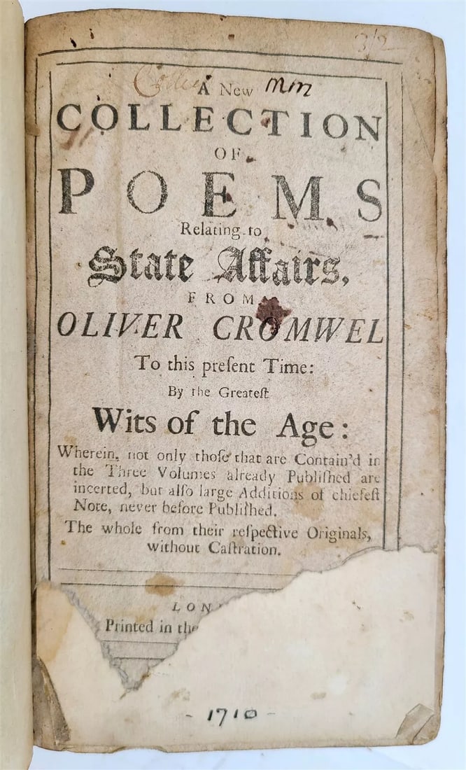 1710 POEMS RELATING TO STATE AFFAIRS FROM OLIVER CROMWELL - PRESENT TIME antique (1 of 6)
