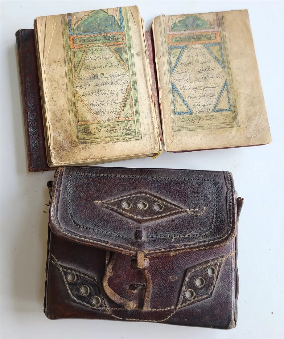 19th CENTURY MANUSCRIPT KORAN in OTTOMAN TURKISH LANGUAGE antique w/LEATHER CASE: Text in OTTOMAN TURKISH 19th century Original calf with embossed design on both covers, contained in original leather traveling case Nicely illuminated Size 3 by 4 1/4" (case 3 1/2 by 4 3/4" Nice call