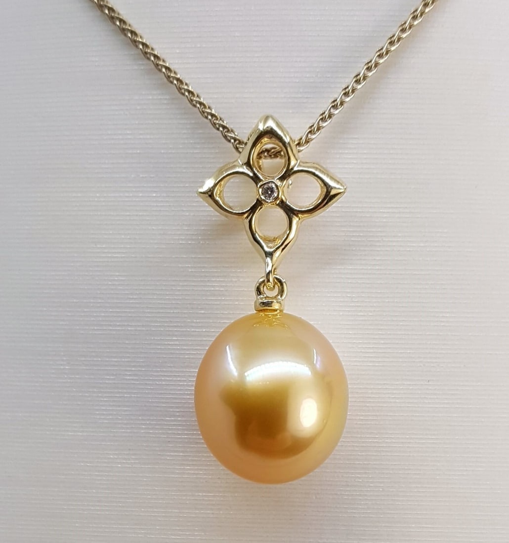 Pendant 11x12mm Deep Golden South Sea Pearl Drop - 14 kt. Yellow gold - 0.01 ct (1 of 8)