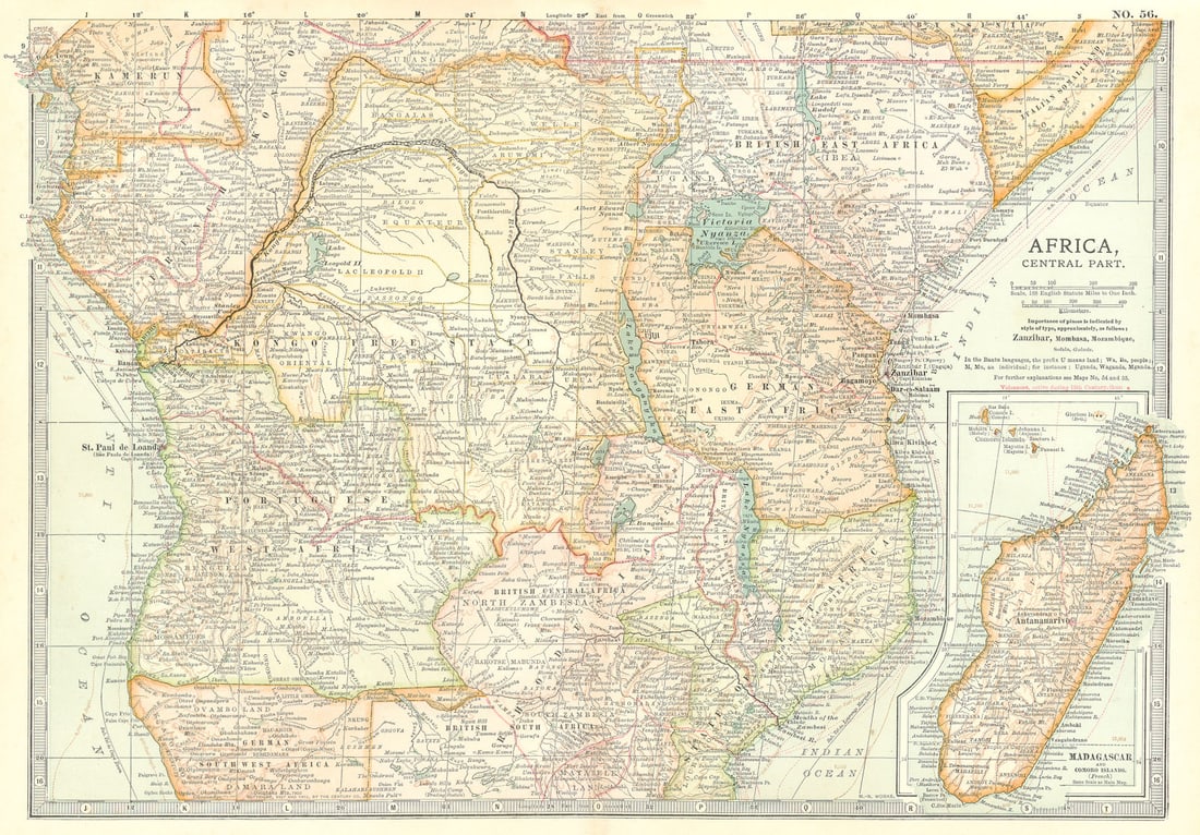 CENTRAL AFRICA. Tanzania, Kenya, Angola, Zambia, Congo, Mozambique 1903 map (1 of 1)