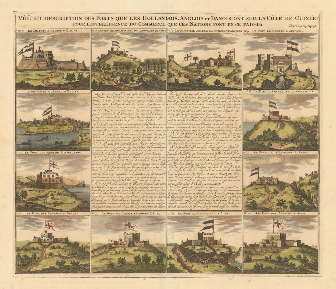 Forts Hollandois, Anglois & Danois sur la Côte de Guinée. Ghana. CHATELAIN 1719: CAPTION PRINTED BELOW PICTURE: Vûe et description des forts que les Hollandois, Anglois et Danois ont sur la Côte de Guinée pour l'Intelligence du Commerce que ces nations font en ce pa
