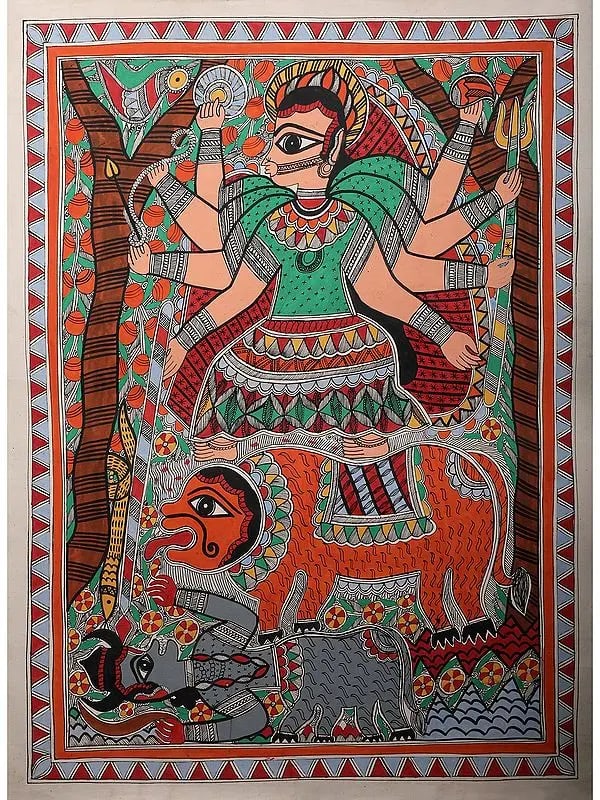 Durga Maa | Handmade Paper | By Ajay Kumar Jha: A Divine Depiction: Durga Maa in Madhubani Style This exquisite Madhubani painting showcases the formidable goddess Durga Maa, a central figure in Hindu mythology. Durga, meaning "the invincible," is