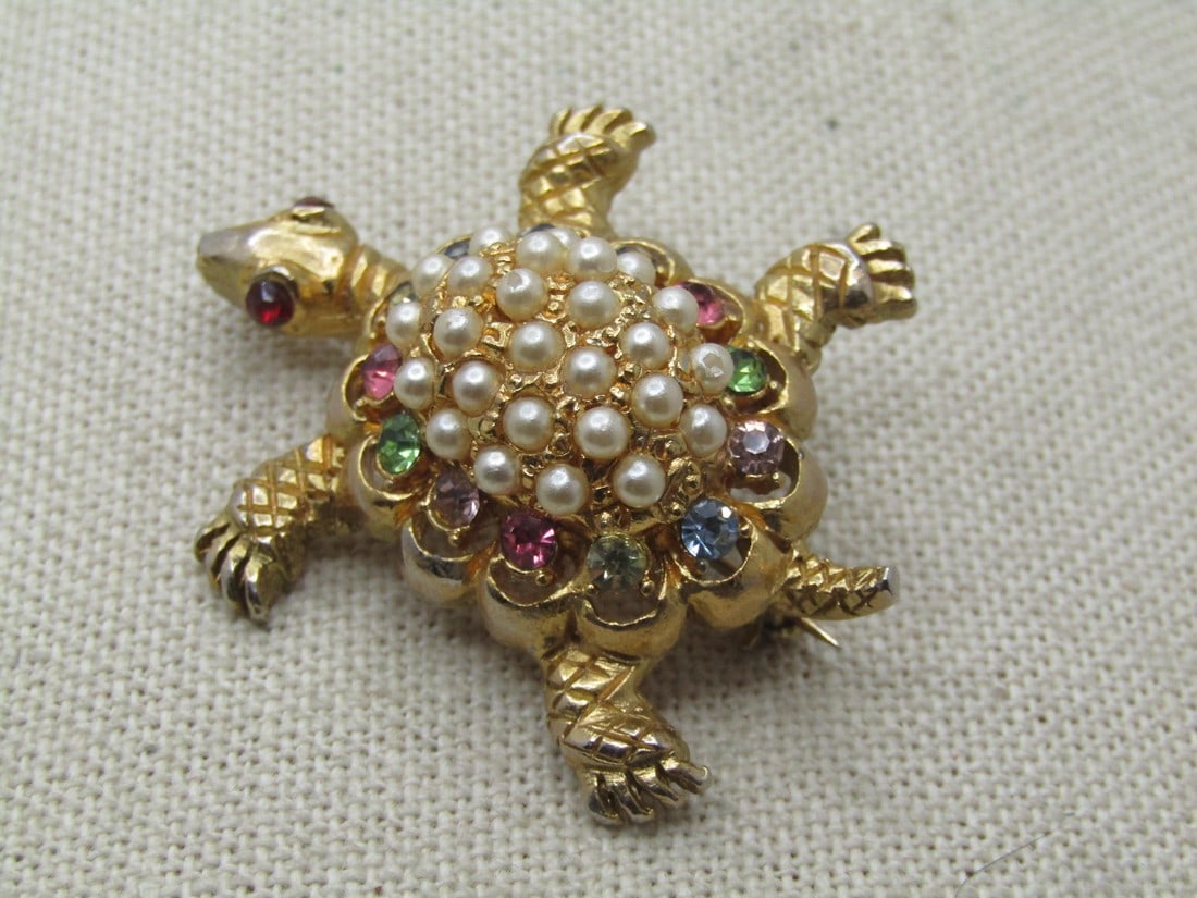 Vintage Rhinestone & Faux Pearl Turtle Brooch, 1960's (1 of 7)