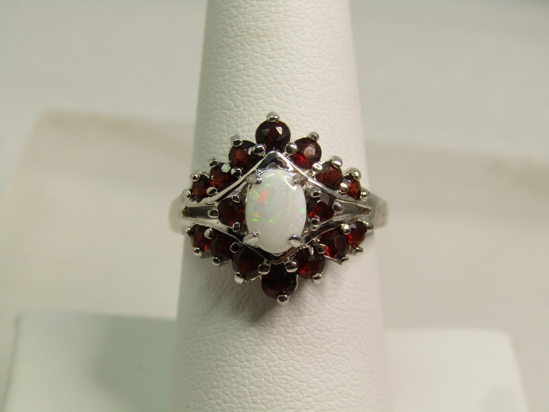 Vintage Red Stone & Opal Ring, Sz. 8.  1990's-2000's, Signed SCT (1 of 6)