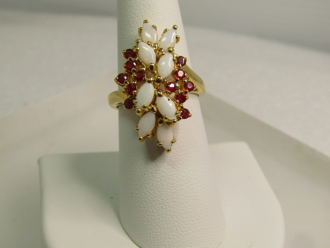 Created Ruby Opal Cocktail Ring, Sz. 8.  1980's-1990's, Signed F (1 of 6)