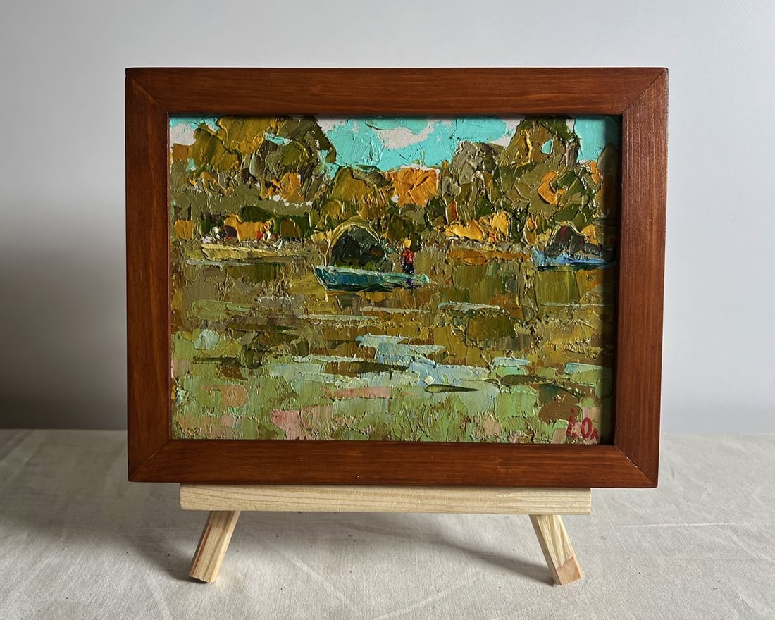 Oil painting The boats are sailing Alex Kalenyuk: AAA3884 This oil painting cardboard, titled "The boats are sailing", the composition conveys a sense of peace and rhythm, immersing the viewer in the stillness of the water and the quiet beauty of a l