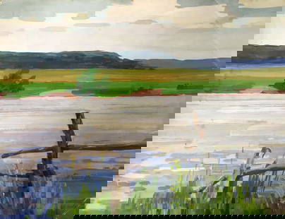 Gouache painting River landscape Chernikov Vladimir Mikhailovich: 910 *** ABOUT THIS PAINTING *** * TITLE: "River landscape" * ARTISTS: Chernikov Vladimir Mikhailovich * SIZE: 44x56 cm/'17.32x22.04 inches' * MEDIUM: gouache, paper * HAND PAINTED: Original painting f