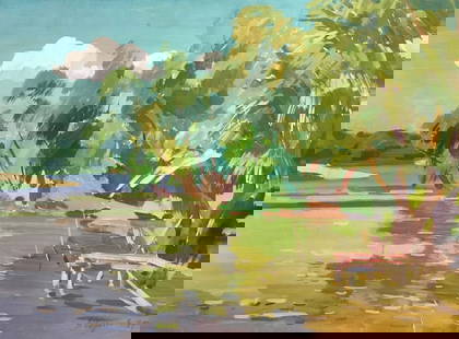 Gouache painting River near the forest Chernikov Vladimir Mikhailovich: 924 *** ABOUT THIS PAINTING *** * TITLE: "River near the forest" * ARTISTS: Chernikov Vladimir Mikhailovich * SIZE: 43x57 cm/'16.92x22.44 inches' * MEDIUM: gouache, paper * HAND PAINTED: Original pain